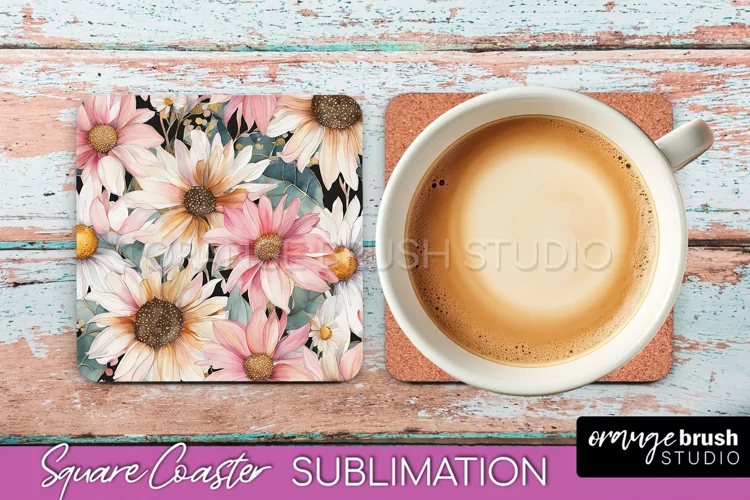 Watercolor Flowers Square Coaster - Floral Pink Sublimation