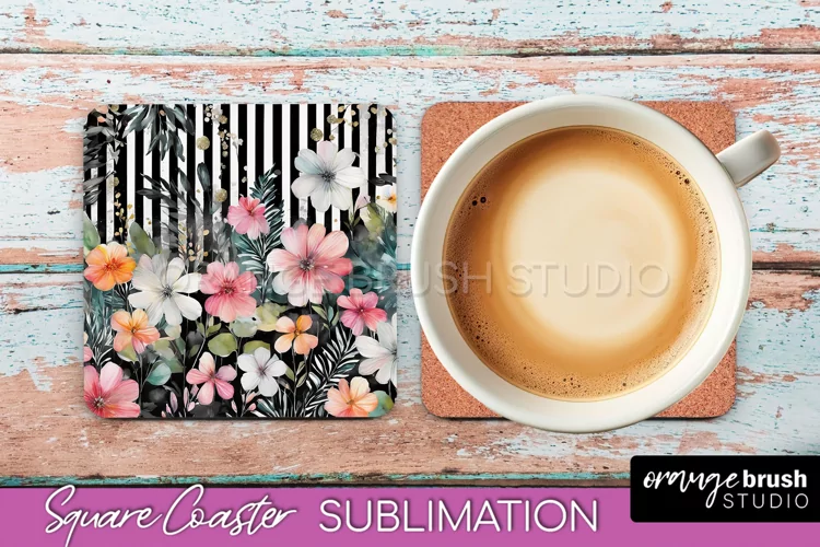 Watercolor Flowers Square Coaster - Floral Pink Sublimation