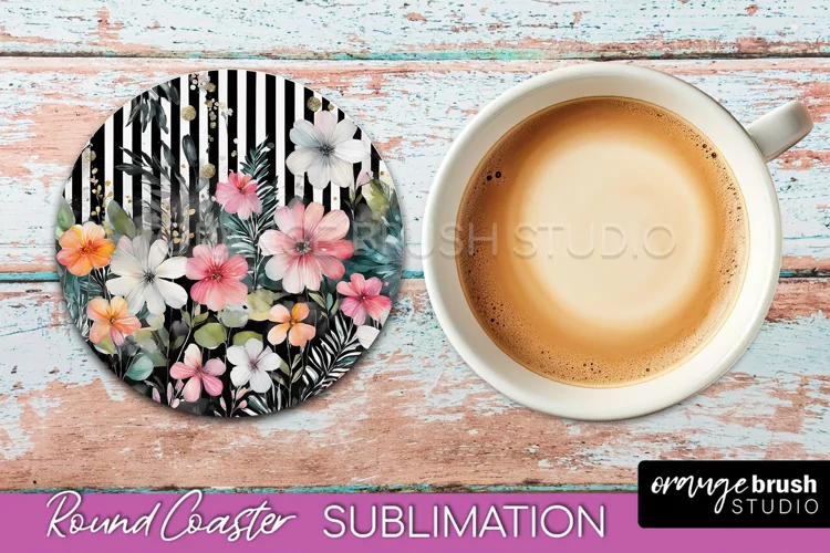 Watercolor Flowers Round Coaster - Floral Pink Sublimation
