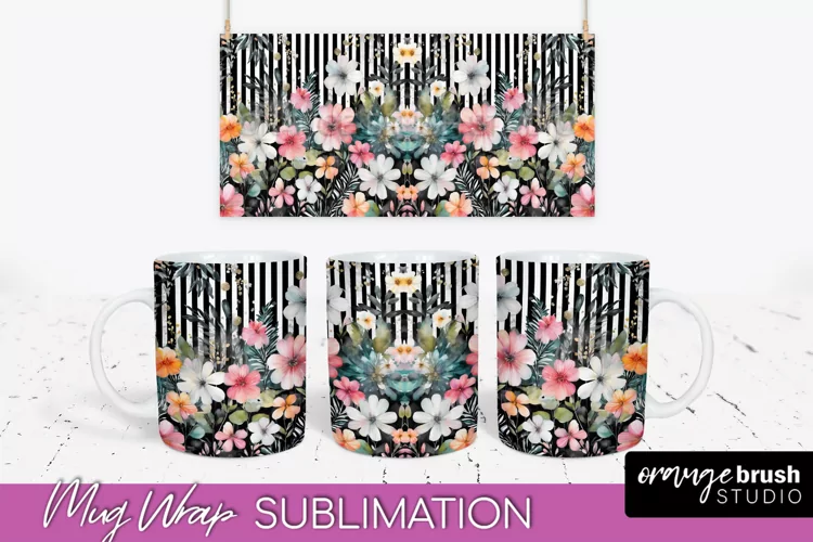 Pink Watercolor Flowers Mug Wrap - Floral Mug Sublimation