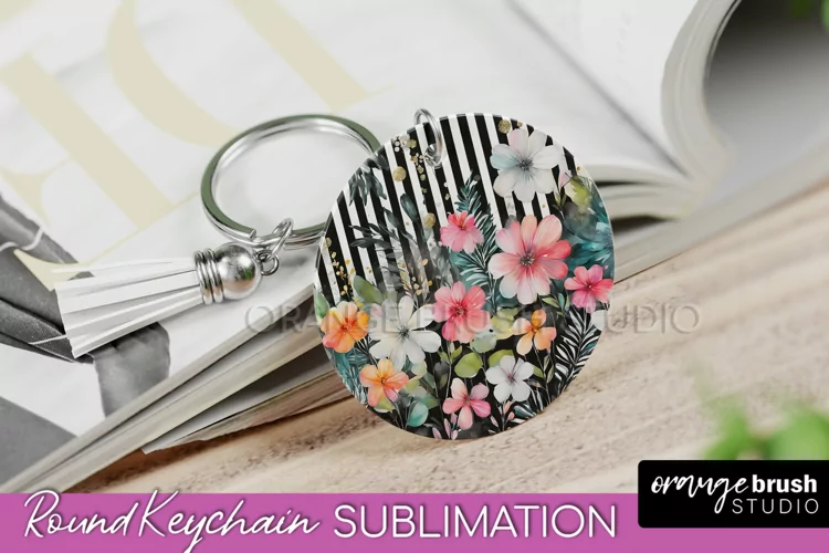 Pink Flowers Keychain, Floral Keychain Sublimation Design