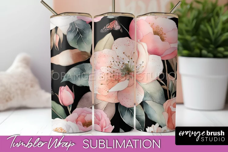 Floral Tumbler Wrap - Pink Flowers Watercolor Tumbler PNG