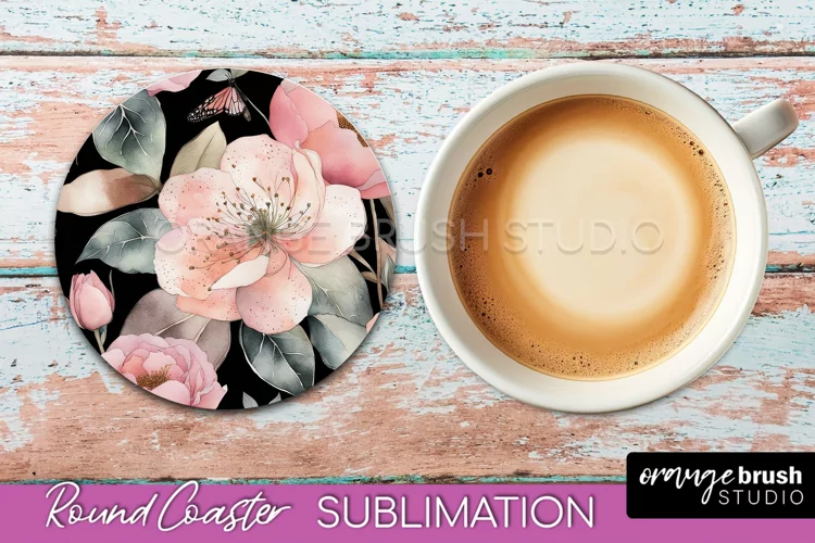 Watercolor Flowers Round Coaster - Floral Pink Sublimation