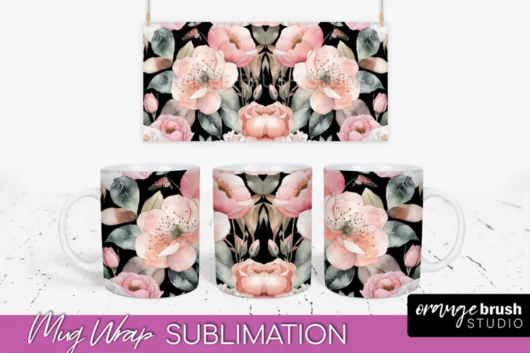 Pink Watercolor Flowers Mug Wrap - Floral Mug Sublimation