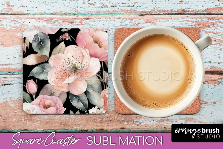 Watercolor Flowers Square Coaster - Floral Pink Sublimation