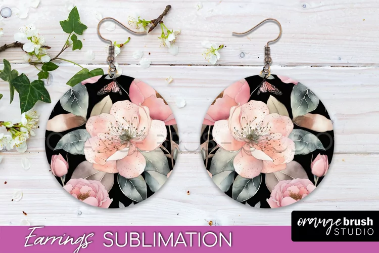 Watercolor Flowers Earrings, Pink Floral Earring Sublimation