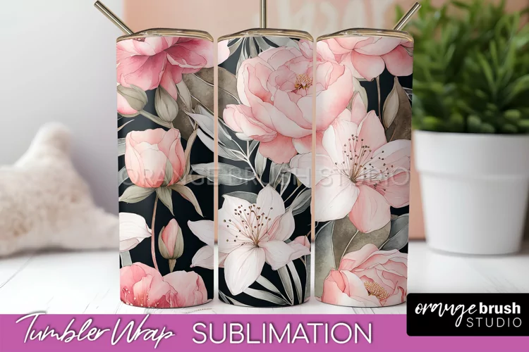 Floral Tumbler Wrap - Pink Flowers Watercolor Tumbler PNG