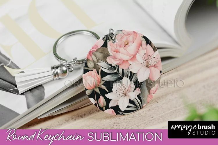 Pink Flowers Keychain, Floral Keychain Sublimation Design