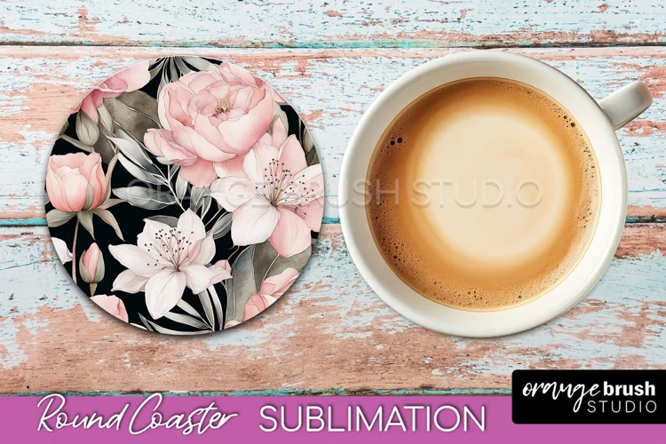 Watercolor Flowers Round Coaster - Floral Pink Sublimation