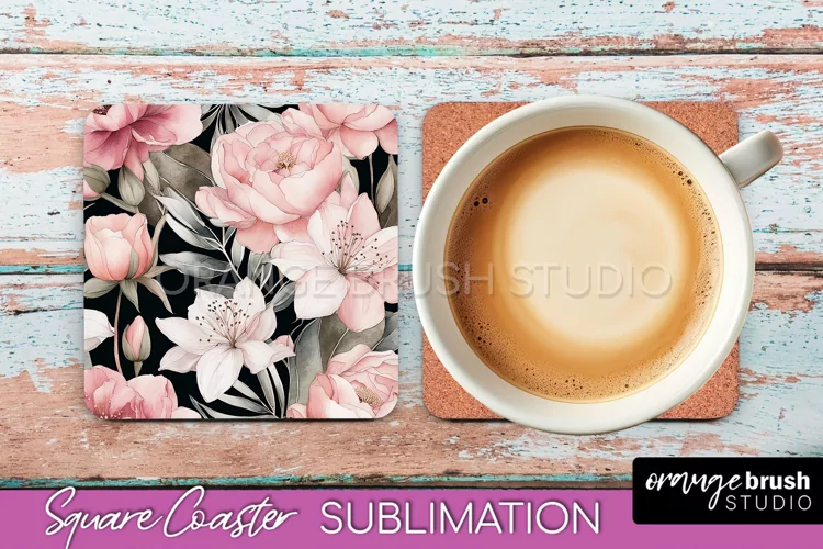 Watercolor Flowers Square Coaster - Floral Pink Sublimation