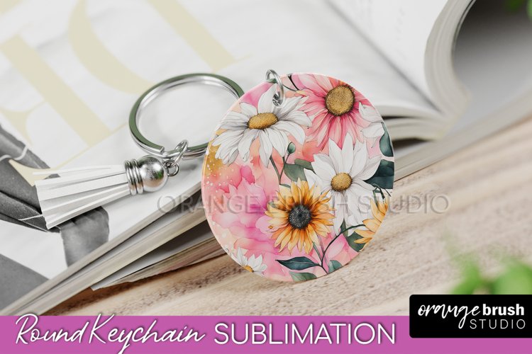 Pink Flowers Keychain, Floral Keychain Sublimation Design