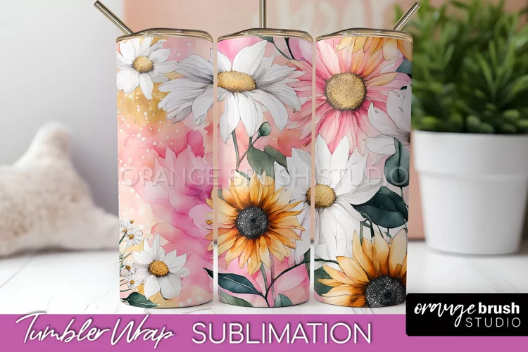 Floral Tumbler Wrap - Pink Flowers Watercolor Tumbler PNG
