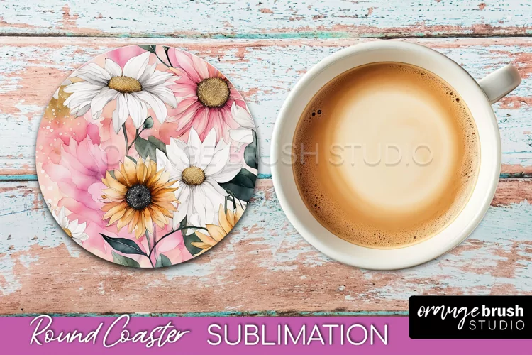 Watercolor Flowers Round Coaster - Floral Pink Sublimation