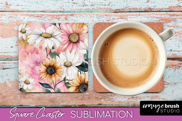 Watercolor Flowers Square Coaster - Floral Pink Sublimation