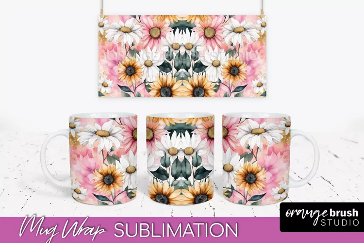 Pink Watercolor Flowers Mug Wrap - Floral Mug Sublimation