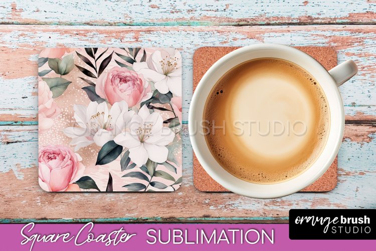Watercolor Flowers Square Coaster - Floral Pink Sublimation