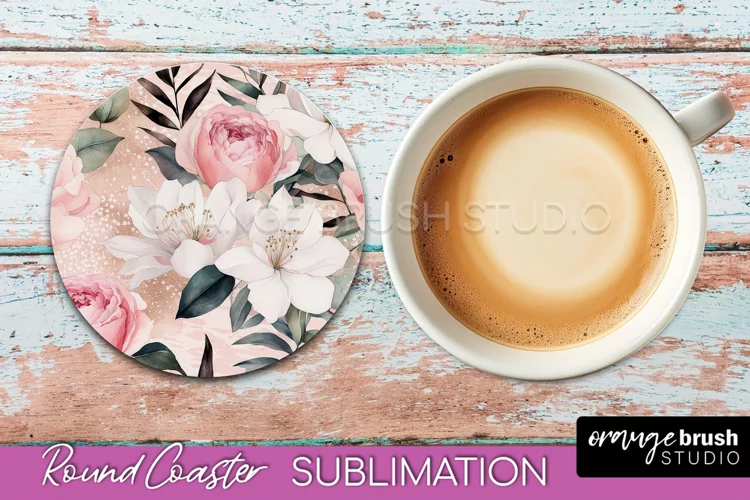 Watercolor Flowers Round Coaster - Floral Pink Sublimation