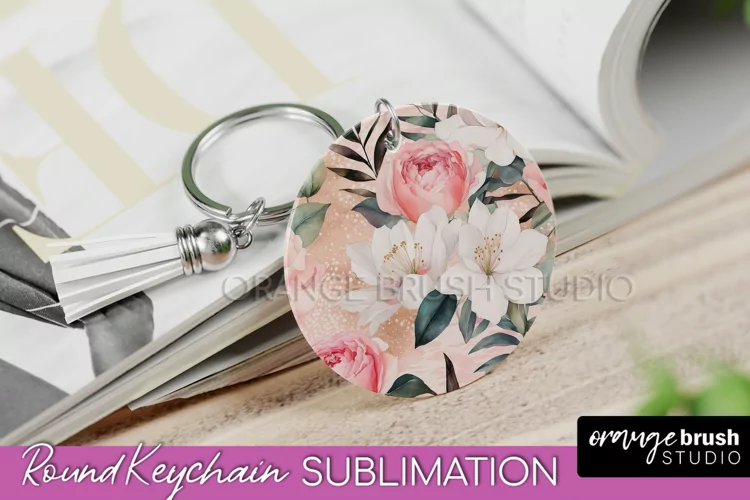 Pink Flowers Keychain, Floral Keychain Sublimation Design