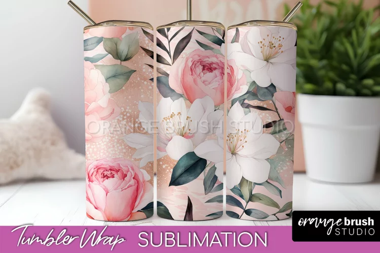 Floral Tumbler Wrap - Pink Flowers Watercolor Tumbler PNG