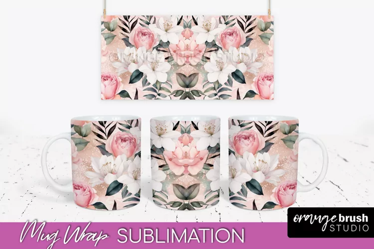 Pink Watercolor Flowers Mug Wrap - Floral Mug Sublimation