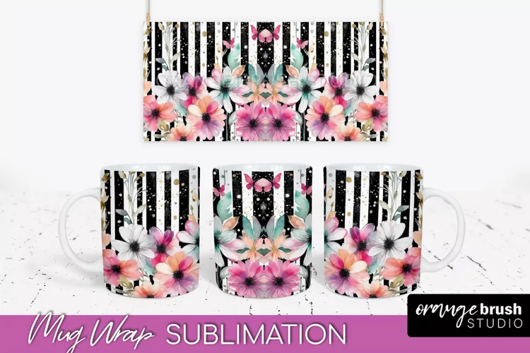 Pink Watercolor Flowers Mug Wrap - Floral Mug Sublimation