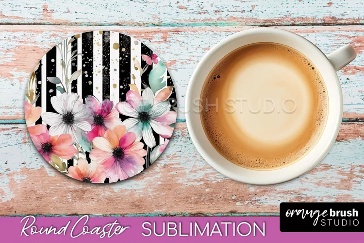 Watercolor Flowers Round Coaster - Floral Pink Sublimation
