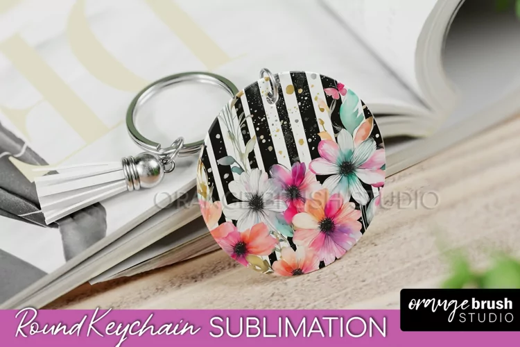 Pink Flowers Keychain, Floral Keychain Sublimation Design