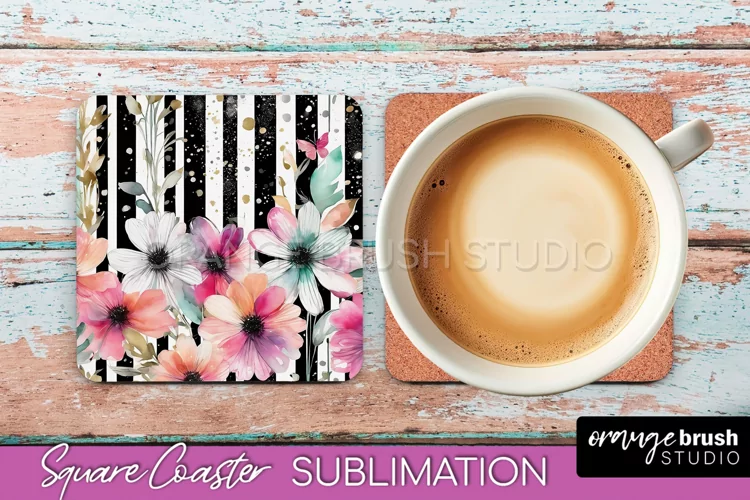 Watercolor Flowers Square Coaster - Floral Pink Sublimation