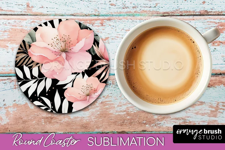 Watercolor Flowers Round Coaster - Floral Pink Sublimation