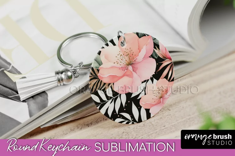Pink Flowers Keychain, Floral Keychain Sublimation Design