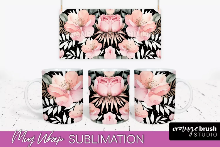 Pink Watercolor Flowers Mug Wrap - Floral Mug Sublimation