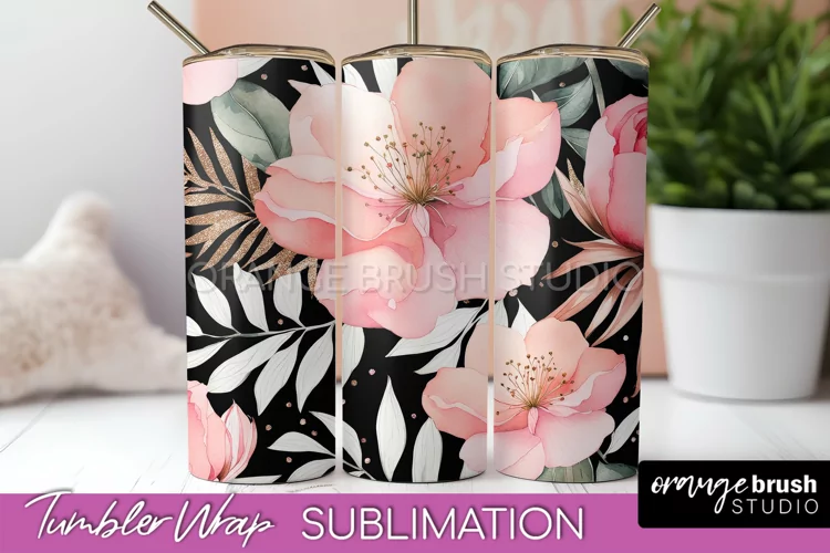 Floral Tumbler Wrap - Pink Flowers Watercolor Tumbler PNG