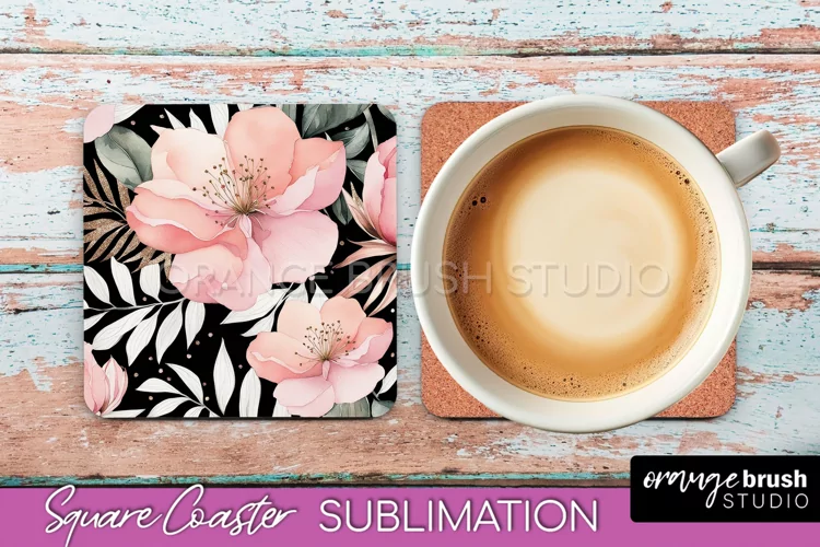 Watercolor Flowers Square Coaster - Floral Pink Sublimation