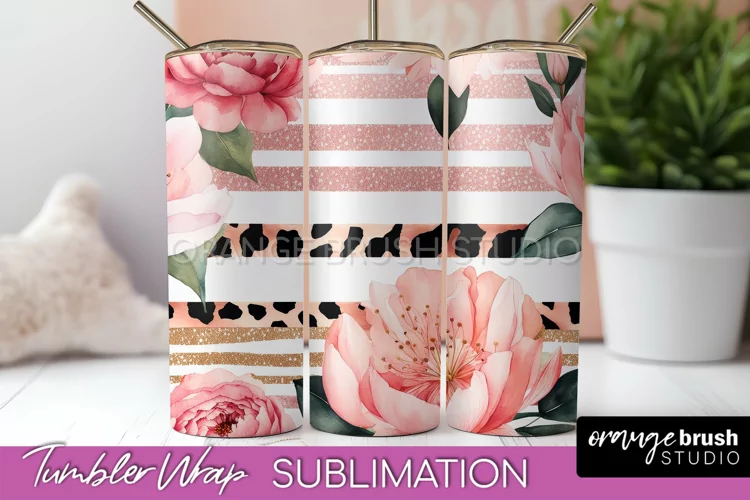 Floral Tumbler Wrap - Pink Flowers Watercolor Tumbler PNG