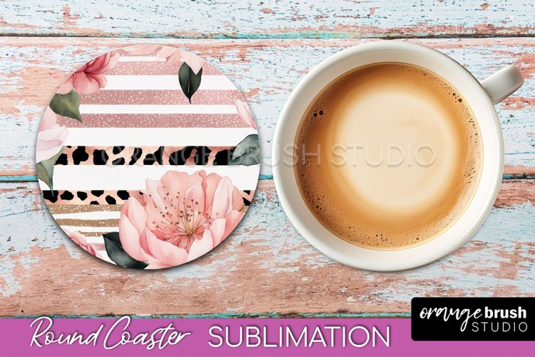Watercolor Flowers Round Coaster - Floral Pink Sublimation