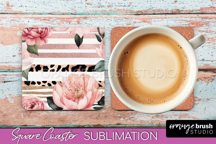 Watercolor Flowers Square Coaster - Floral Pink Sublimation