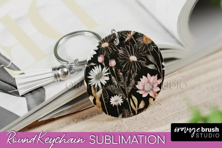 Pink Flowers Keychain, Floral Keychain Sublimation Design