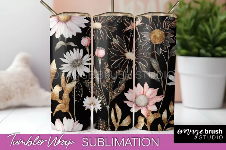 Floral Tumbler Wrap - Pink Flowers Watercolor Tumbler PNG
