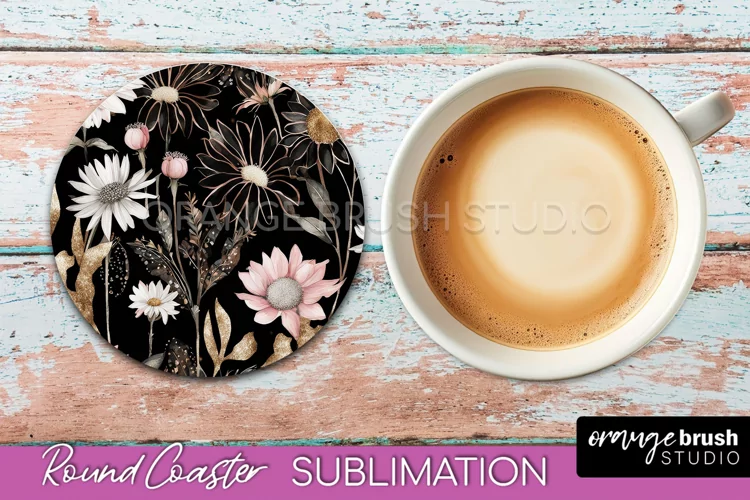 Watercolor Flowers Round Coaster - Floral Pink Sublimation
