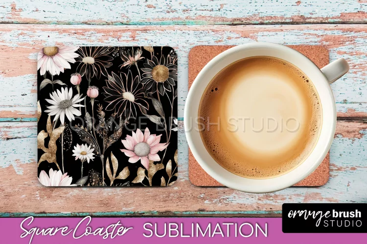 Watercolor Flowers Square Coaster - Floral Pink Sublimation