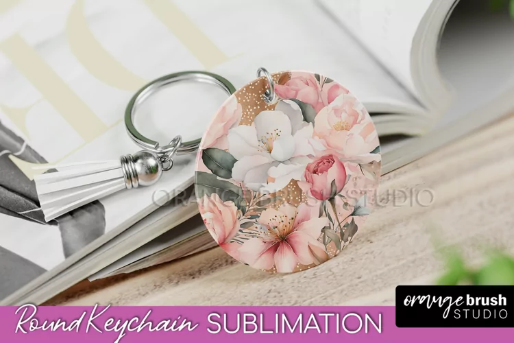 Pink Flowers Keychain, Floral Keychain Sublimation Design