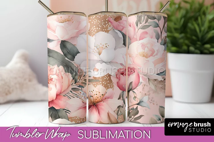 Floral Tumbler Wrap - Pink Flowers Watercolor Tumbler PNG