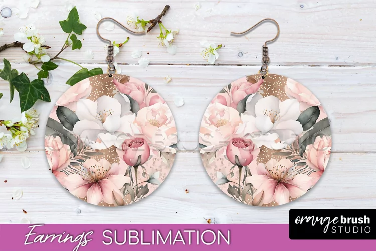 Watercolor Flowers Earrings, Pink Floral Earring Sublimation