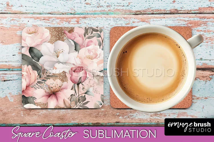 Watercolor Flowers Square Coaster - Floral Pink Sublimation