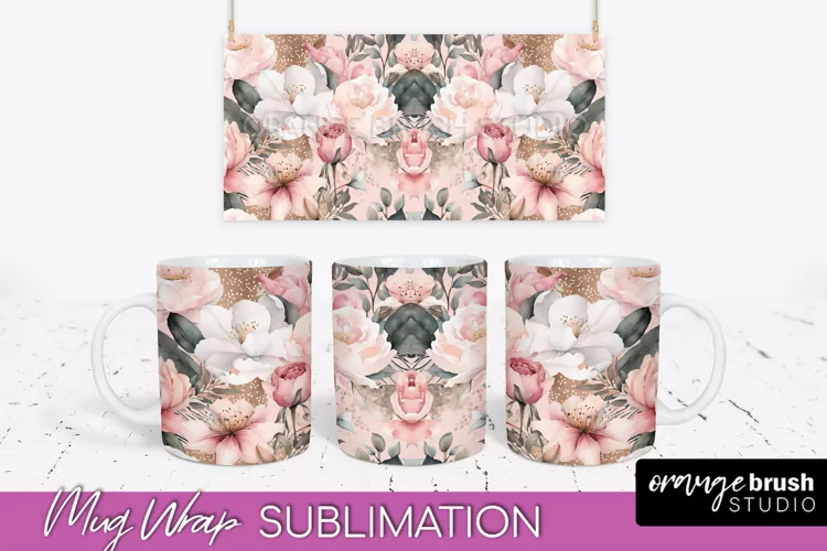 Pink Watercolor Flowers Mug Wrap - Floral Mug Sublimation