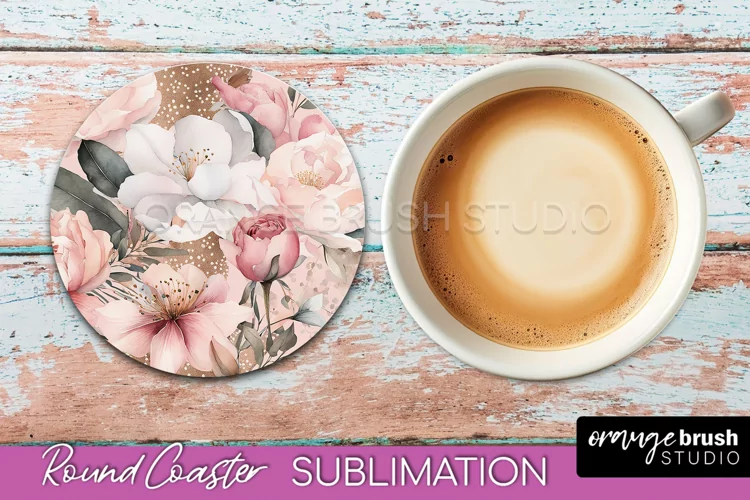 Watercolor Flowers Round Coaster - Floral Pink Sublimation