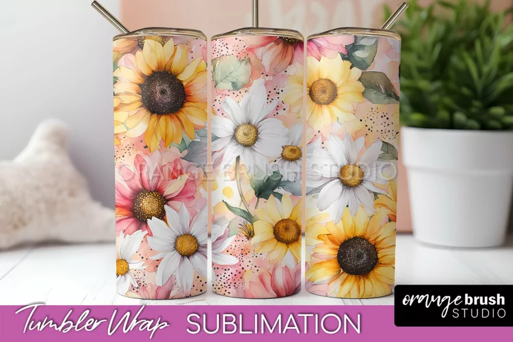 Floral Tumbler Wrap - Pink Flowers Watercolor Tumbler PNG