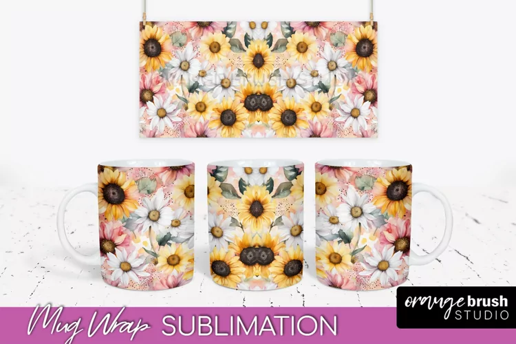 Pink Watercolor Flowers Mug Wrap - Floral Mug Sublimation