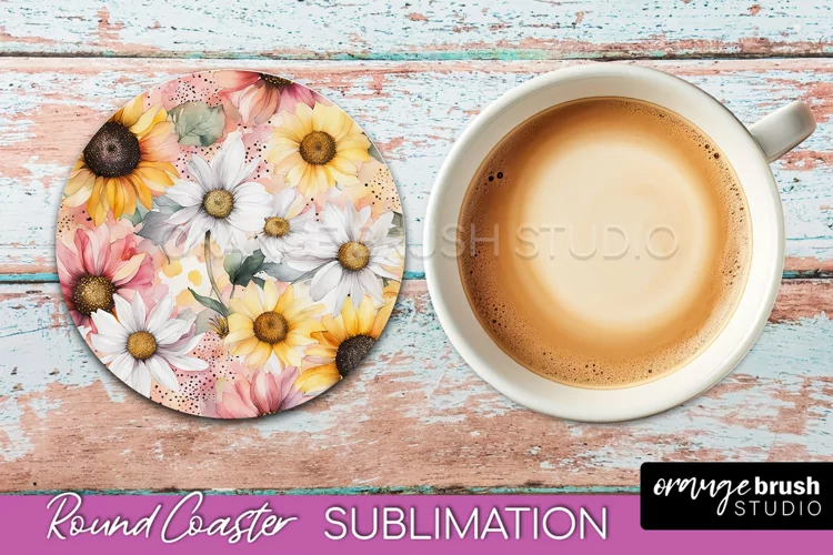 Watercolor Flowers Round Coaster - Floral Pink Sublimation