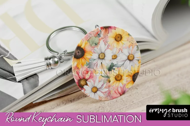 Pink Flowers Keychain, Floral Keychain Sublimation Design